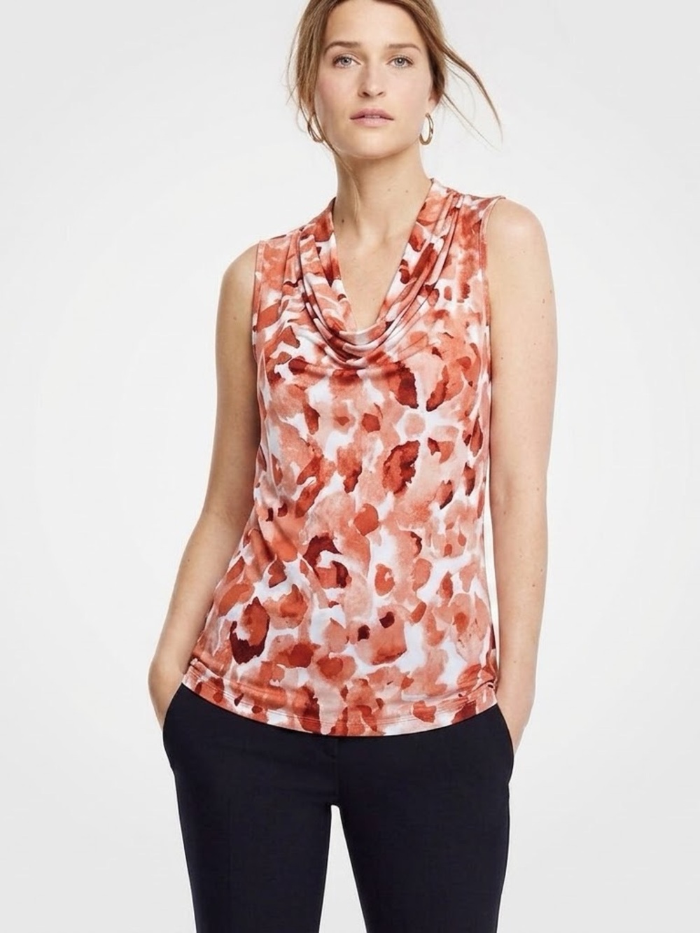 NEW Dana Buchman XS Cowl Neck Sleeveless Abstract Top terracota casual workwear